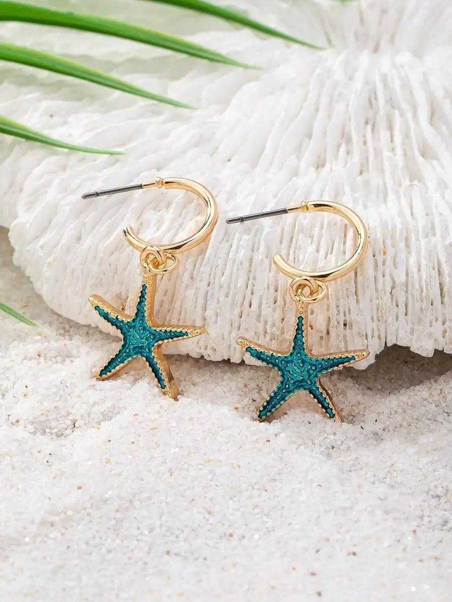 

Starfish Hoop Earrings With Turquoise Enamel, Beach Summer Jewelry For Women
