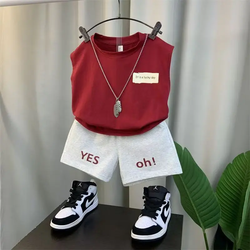 

Summer Sleeveless Pullover Letter Shirt+Shorts 2 Piece Kids Outfits New Girls 2025 Boutique Clothing Baby Boys Sport Clothes