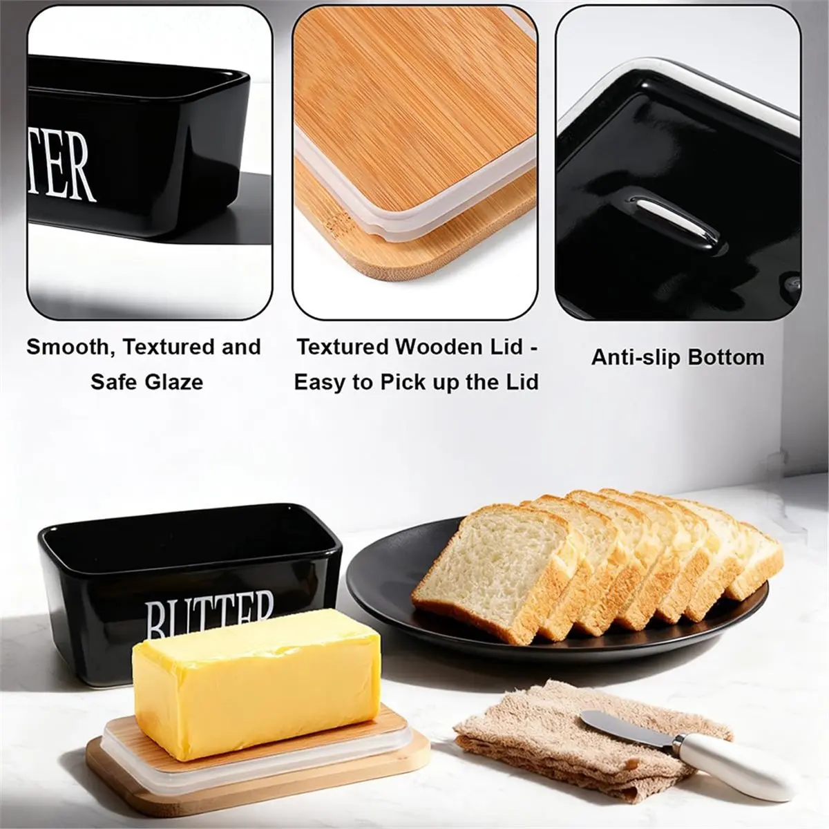 Butter Dish with Lid for Countertop-Ceramic Covered Butter Holder for Refrigerator Airtight Butter Container Green