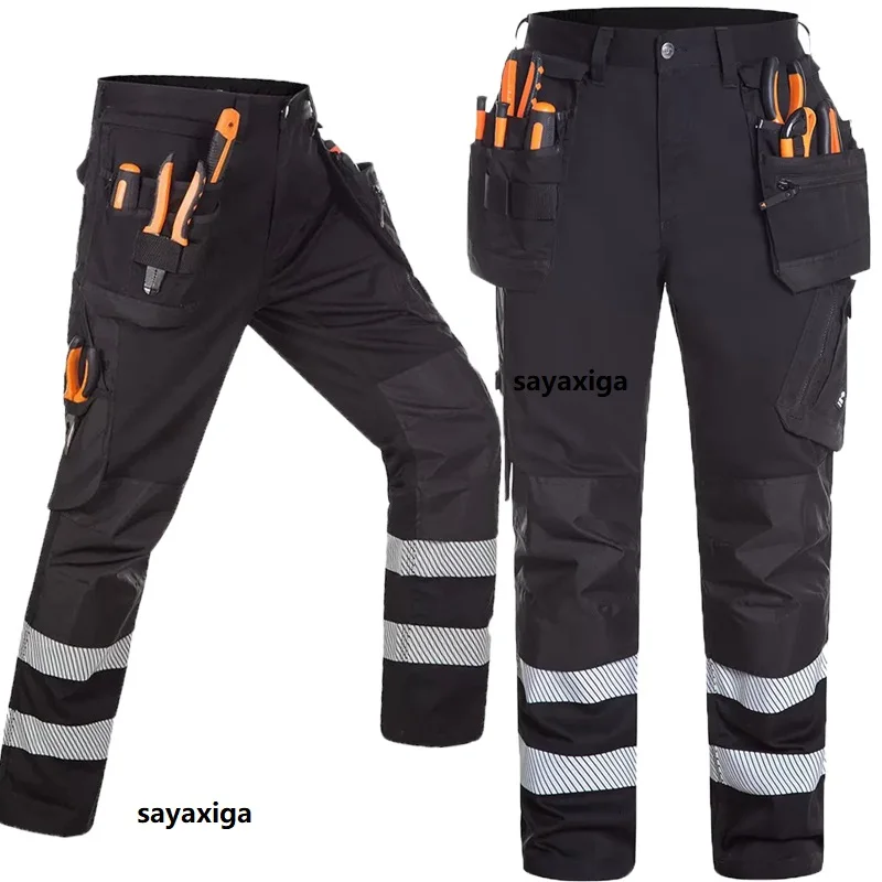 Cotton Cargo Pants Knee Pad Men Working Pants Pantalon Reflective Safety Trousers Hi Vis Electric Mechanic Work Jacketer Pants