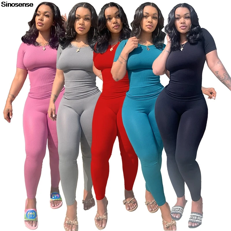 Sexy Knitted Ribbed 2 Two Piece Set Tracksuit Women Short Sleeve T Shirt+Leggings Matching Suits Workout Sports Stretchy Outfits