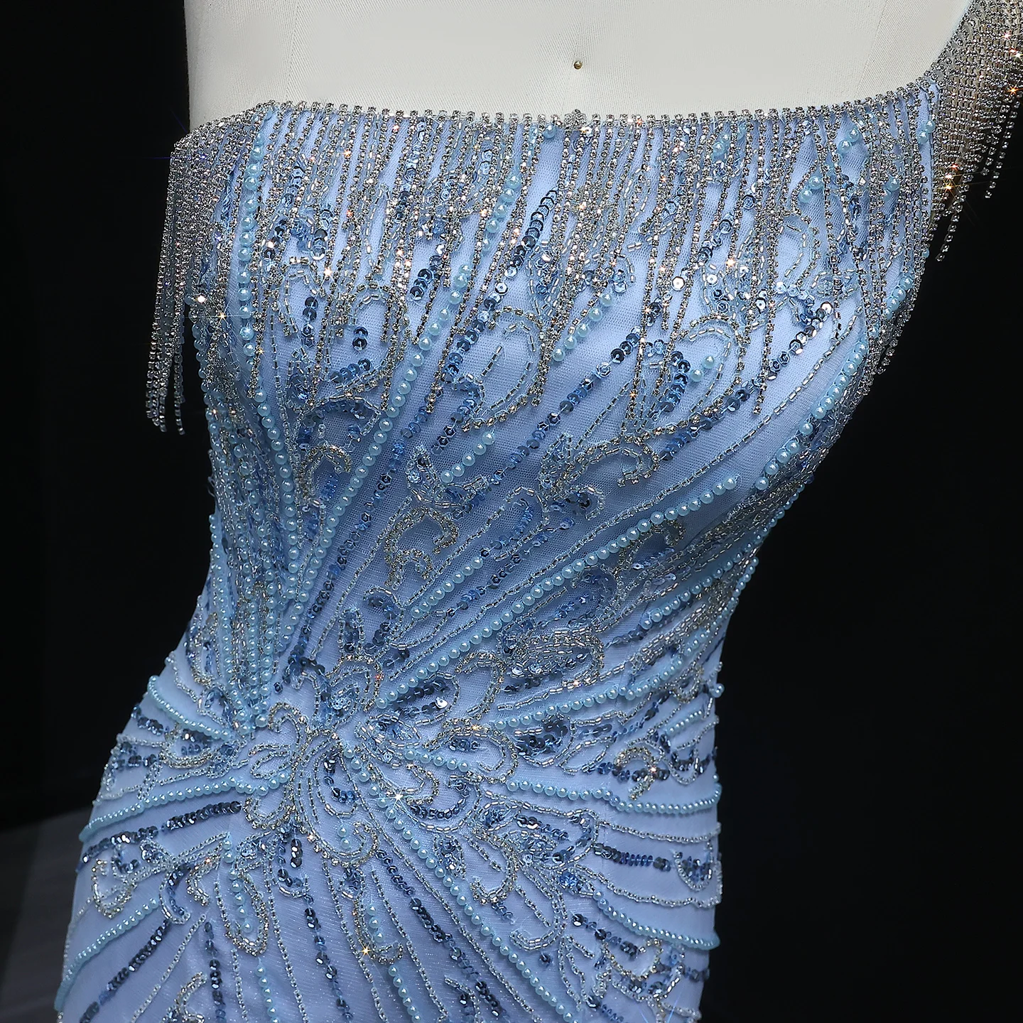 Sharon Said elegancka jedno ramię frędzle syrenka szampańska suknia wieczorowa dla kobiet ślub niebieska suknia wieczorowa dla gości SS031 dostosowana