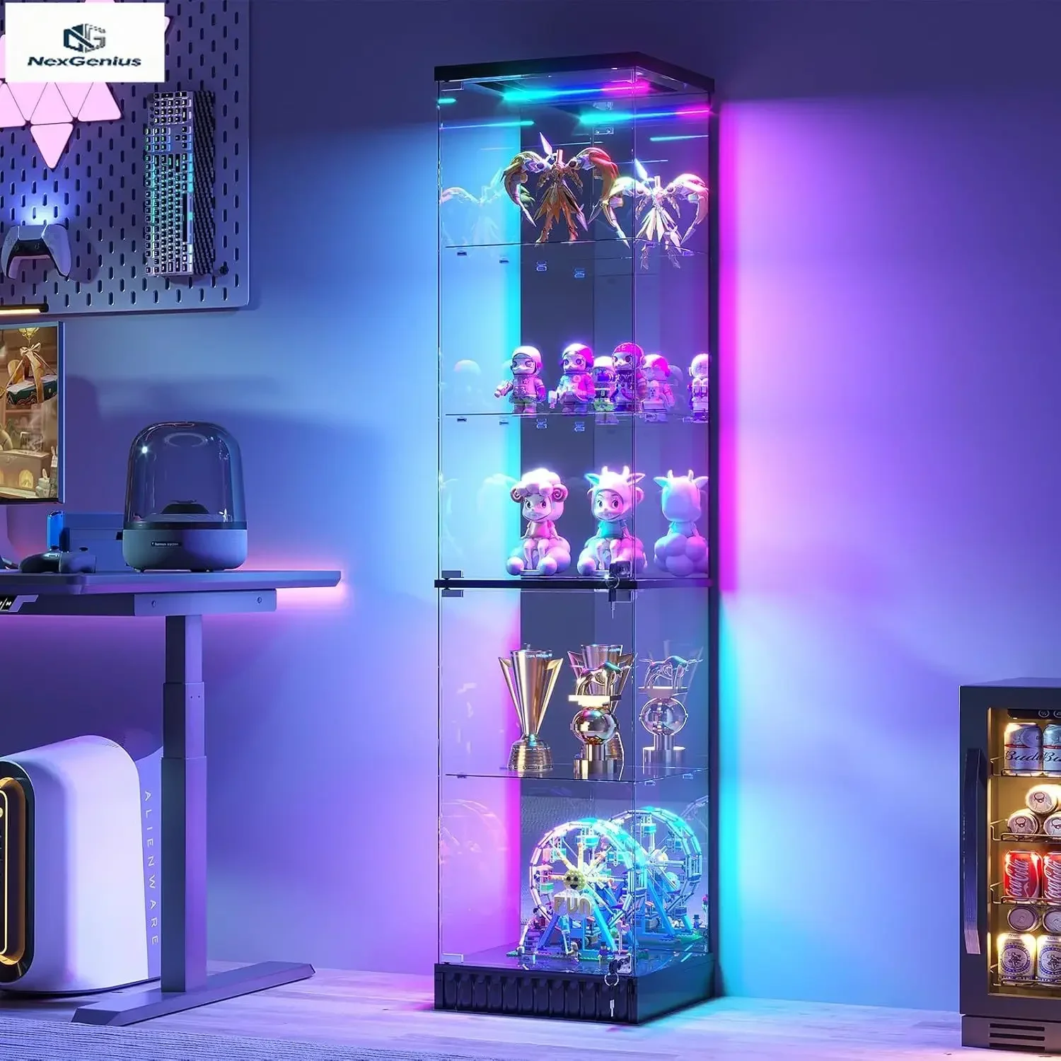 Black Glass Display Cabinet Lockable Curio Case RGB LED Lighting Motion Sensor Lights 6 Tier Collectibles Showcase