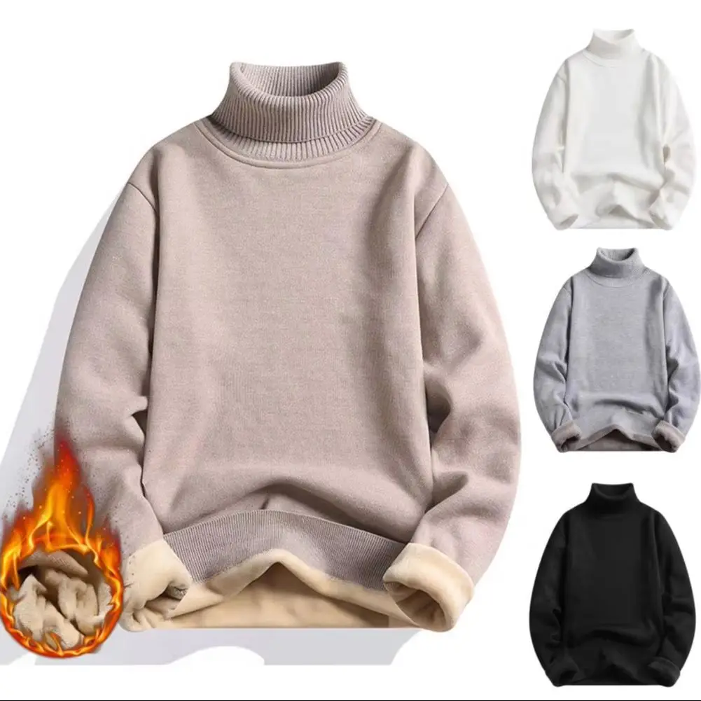 

Turtleneck Men Sweater Long Sleeves Fleece Lining Ribbed Trim Autumn Winter Solid Color Thickened Warm Sweater Jumper Knitwear