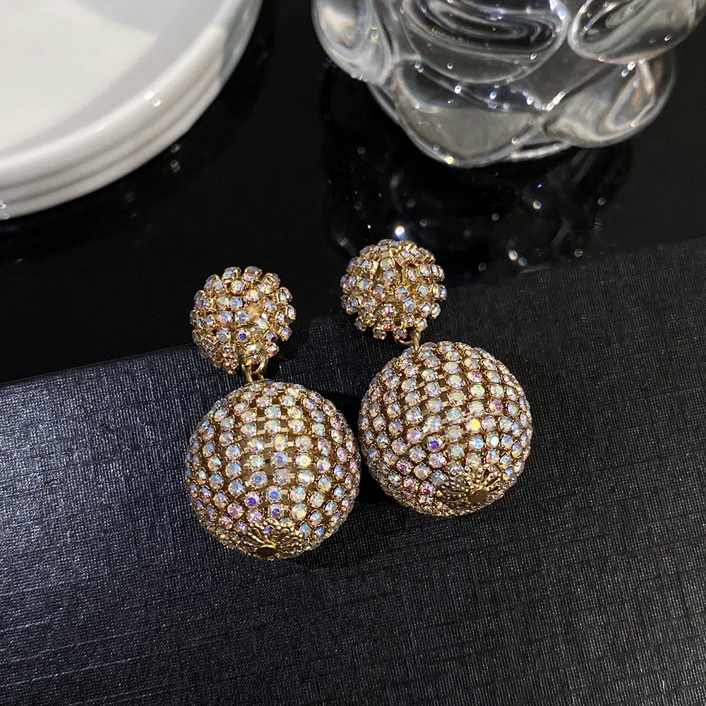 Freetry Sparkl Crystal Ball Drop Earrings for Women Charm Fashion Full Rhinestone Double Round Pendant Earrings Wedding Jewelry