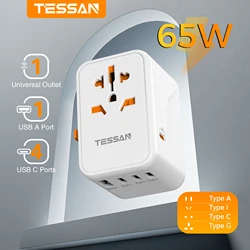 TESSAN-adaptador Universal GaN para viaje, adaptador de corriente de carga rápida con puerto USB tipo C, enchufe europeo/británico/estadounidense/AUS, 65W