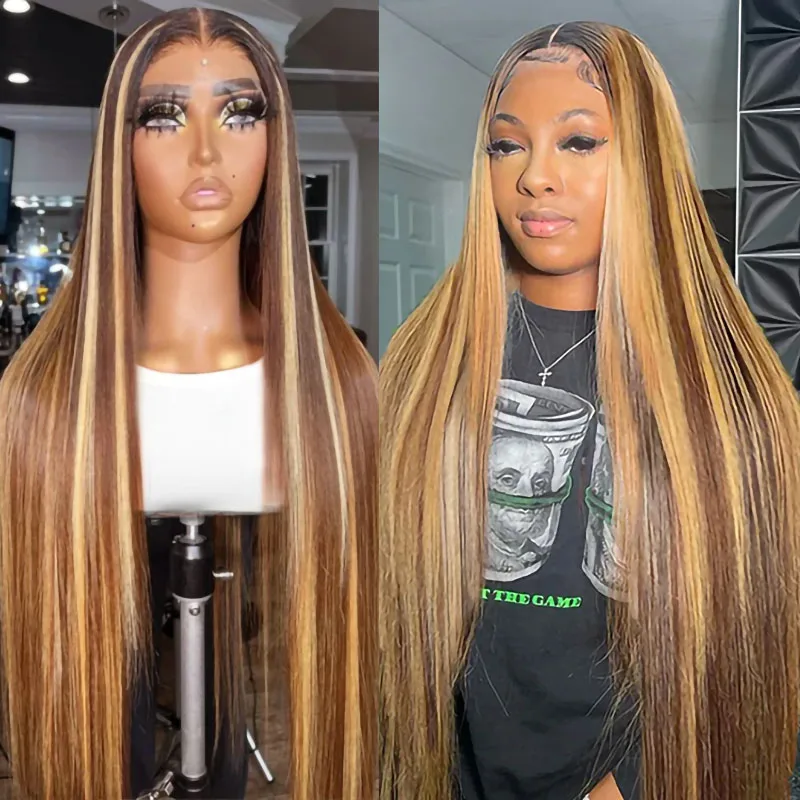 

32Inch Bone Straight Highlight Lace Front Human Hair 4/27 Ombre 13x4 Lace Frontal Wigs Honey Blonde Brown Colored Wigs For Women