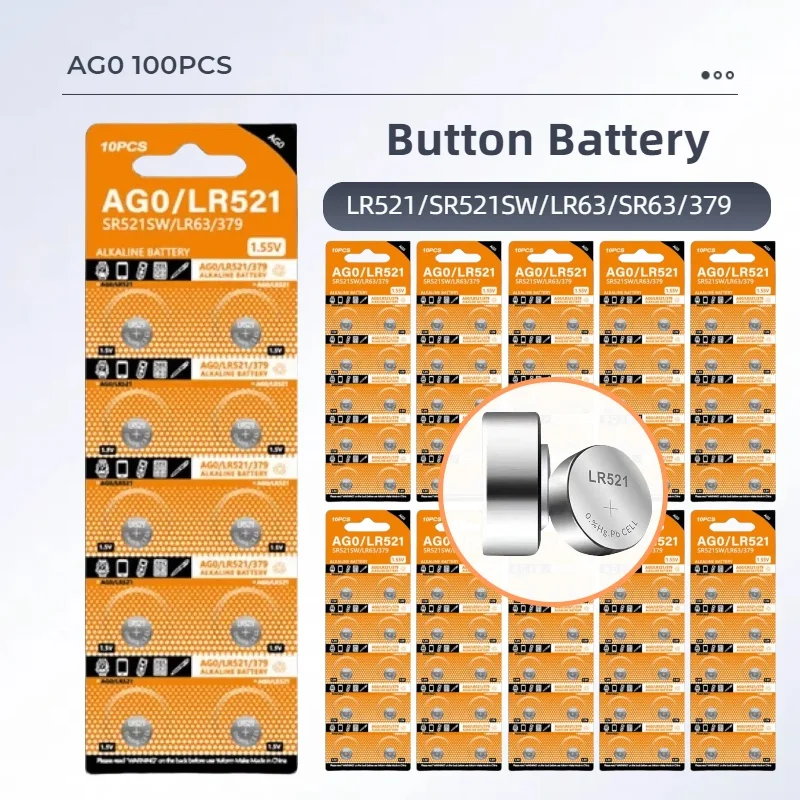 

100PCS LR521 AG0 379 Button Batteries SR521SW 379A 1.5V Alkaline Coin Cell 179 D379 SR63 Silver OxideWatch Battery