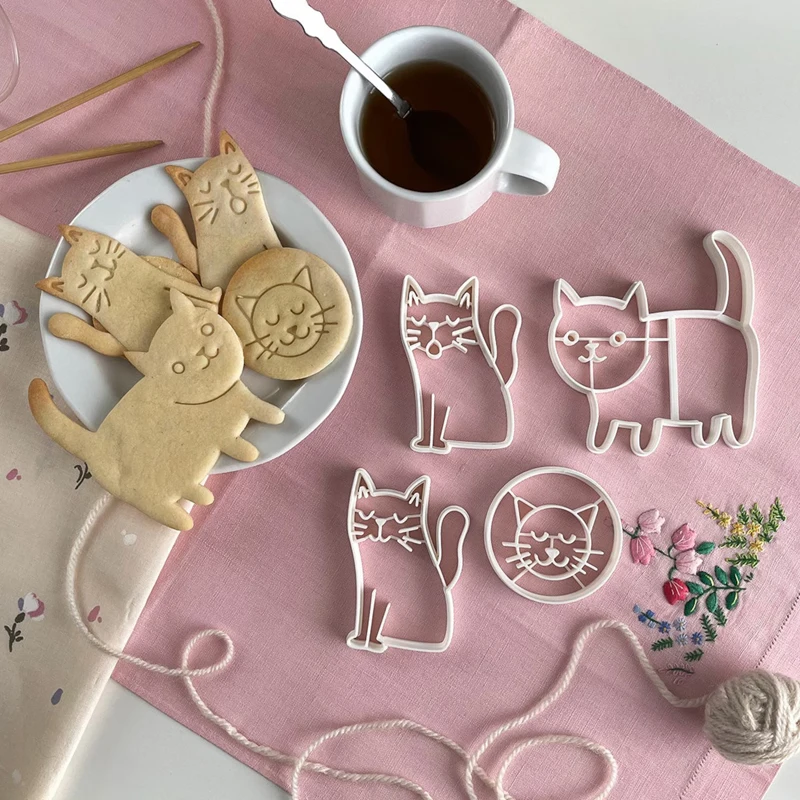 Cute Cat Household 3D Pressable Biscuit Molds Kitty Fondant Cookie Cutter Frosting Dessert Decorating Tools Cat Cookie Molds