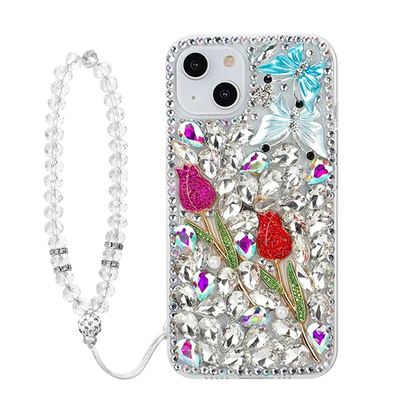 Luxury Sparkle Diamond Crystal Rhinestone Rose Flower Butterfly Case with Strap for Iphone 15 14 13 12 11 Pro MAX XR