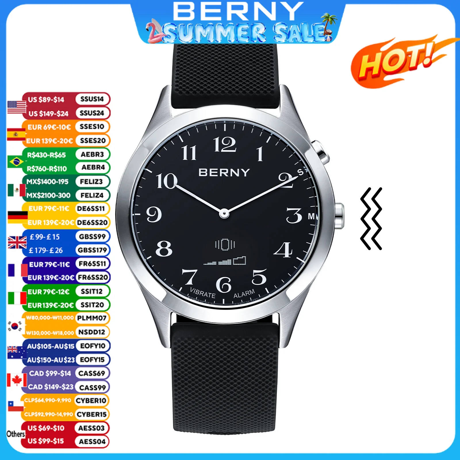 

BERNY Multifunction Vibrating Watch Casual Outdoor Wristwatch Smart Daily Reminder Dual Time Display Hearing Impaired Watches