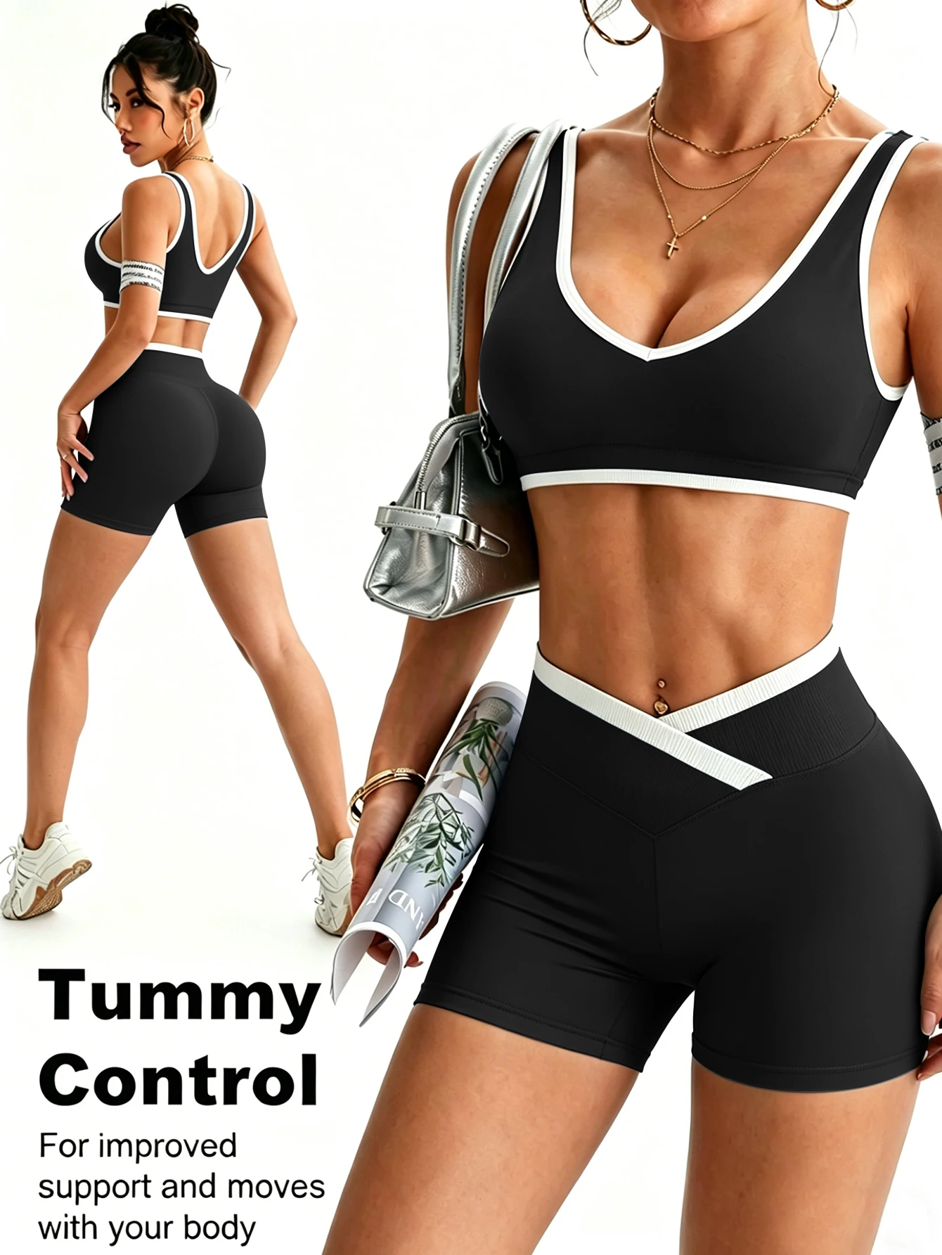 Damen-Sportanzug mit hoher Taille, Shorts, kontrastfarbenes, rückenfreies, enges Westen-Top, Lauf-Oberbekleidung, Fitness-Yoga-Kleidung