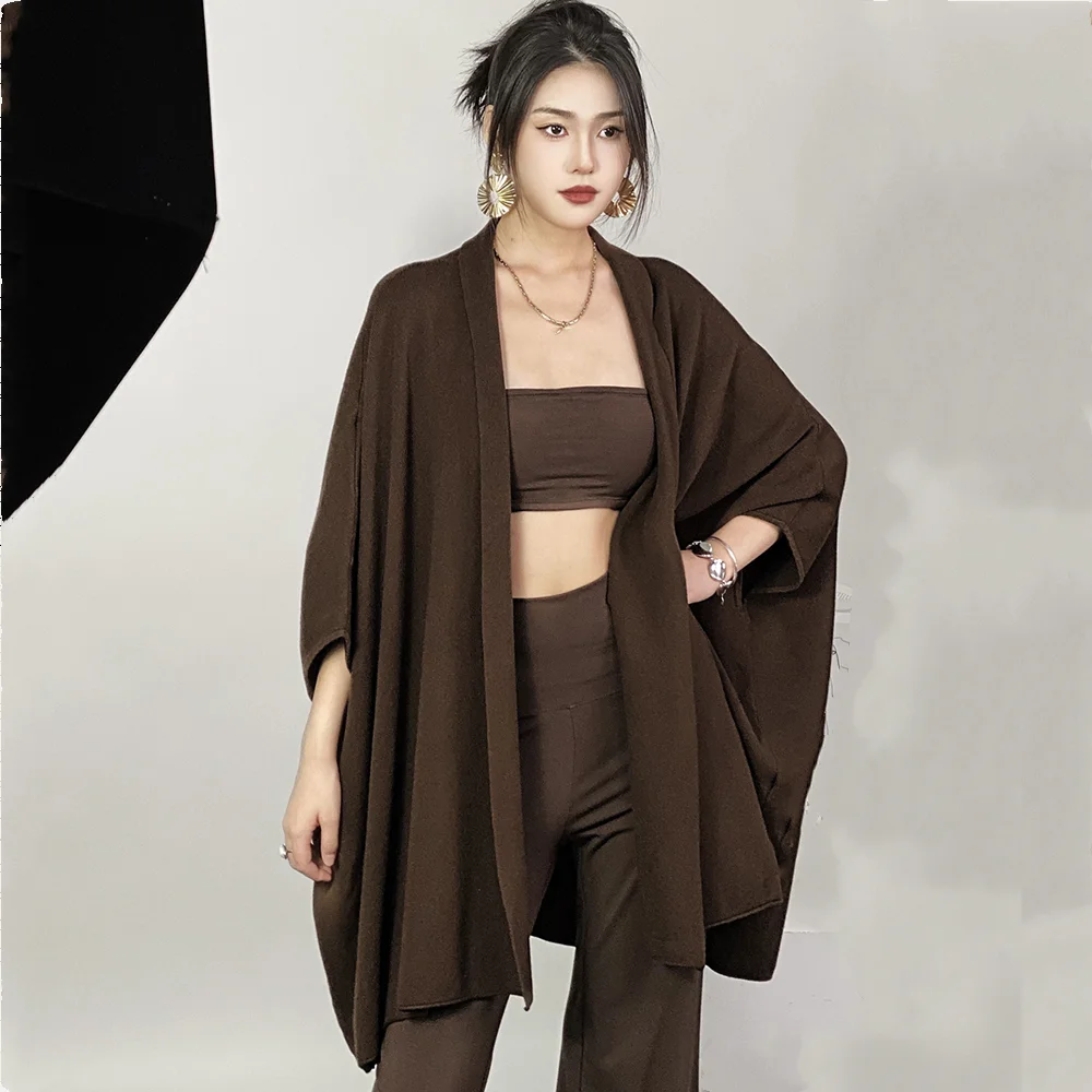 4 ألوان المرأة التلبيب الخامس الرقبة سترة مشغولة من الصوف غير النظامية سترة عباءة مع حزام المرأة كامل الخفافيش كم كيب فضفاض المتضخم البلوز