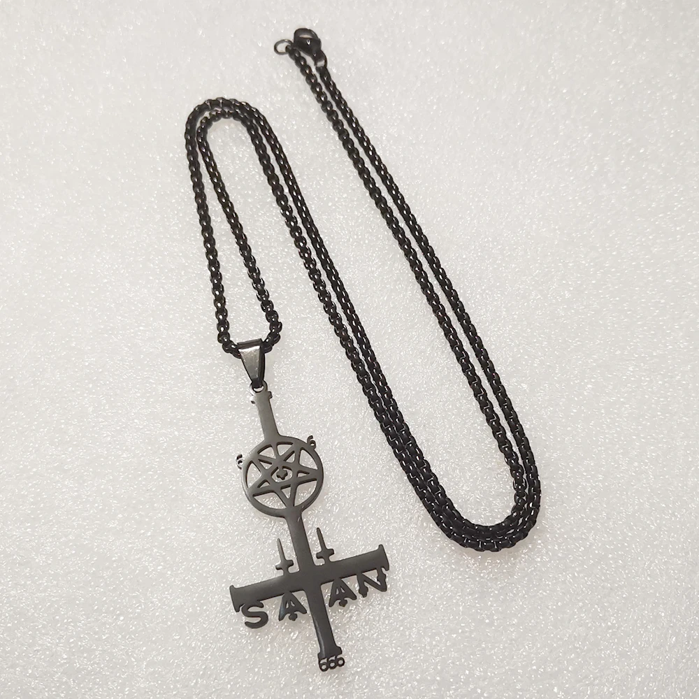 Black Cross Stainless Steel Pentagram Satanic Worship Charm Pendant Necklace 24inch Chain Devil's Gift