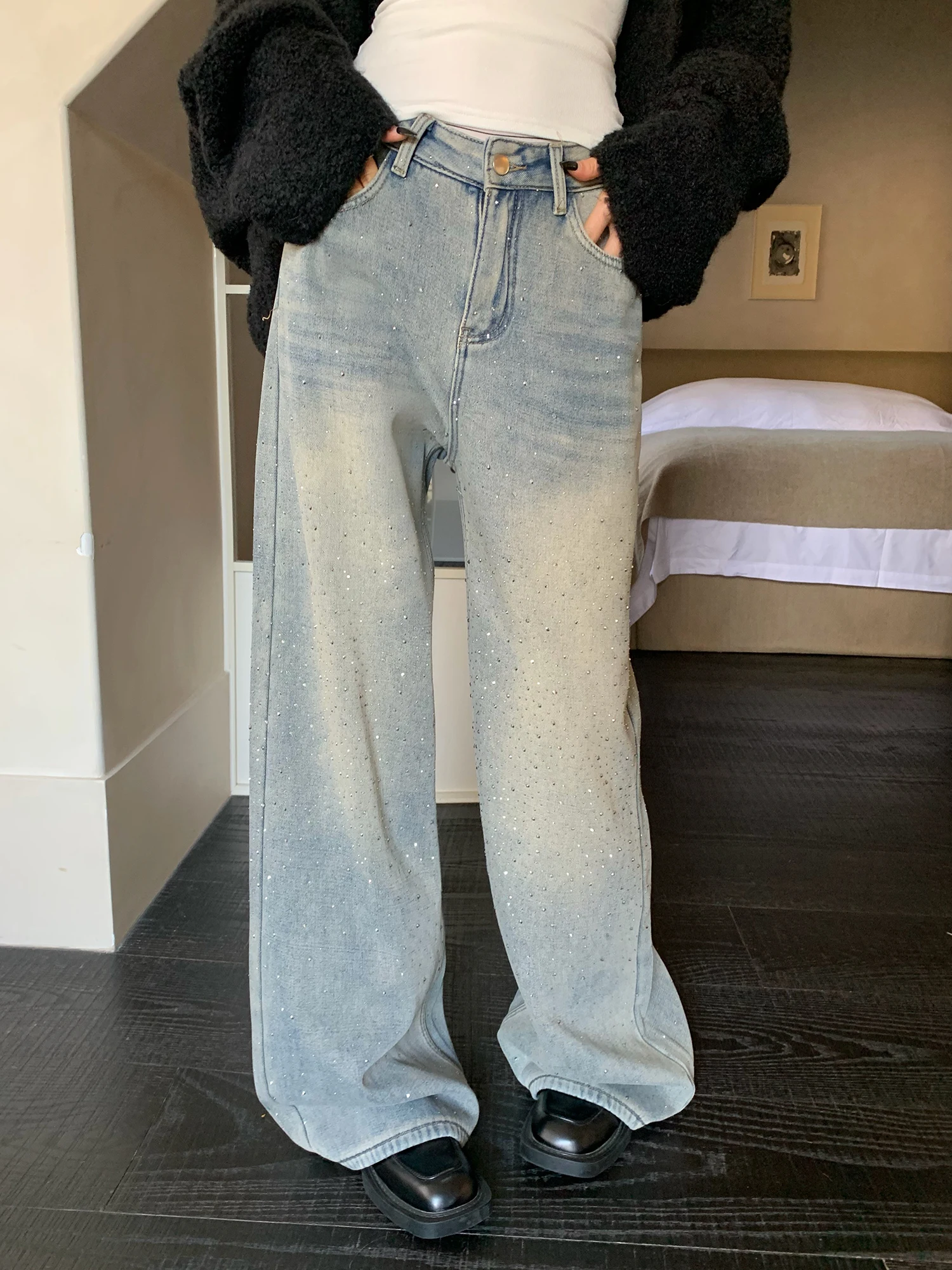 

Винтажные женские джинсы с широкими штанинами и подкладкой из флиса, прямого кроя, синие, из денима, с высокой талией, повседневные хлопковые брюки