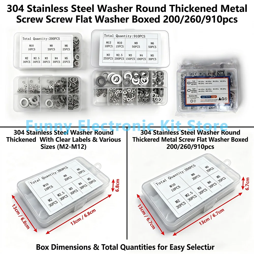 910/200/260Pcs 304 Stainless Steel Flat Washers Assortment Kit (M2 M2.5 M3 M4 M5 M6 M8 M10 M12) Suitable for Home Decoration