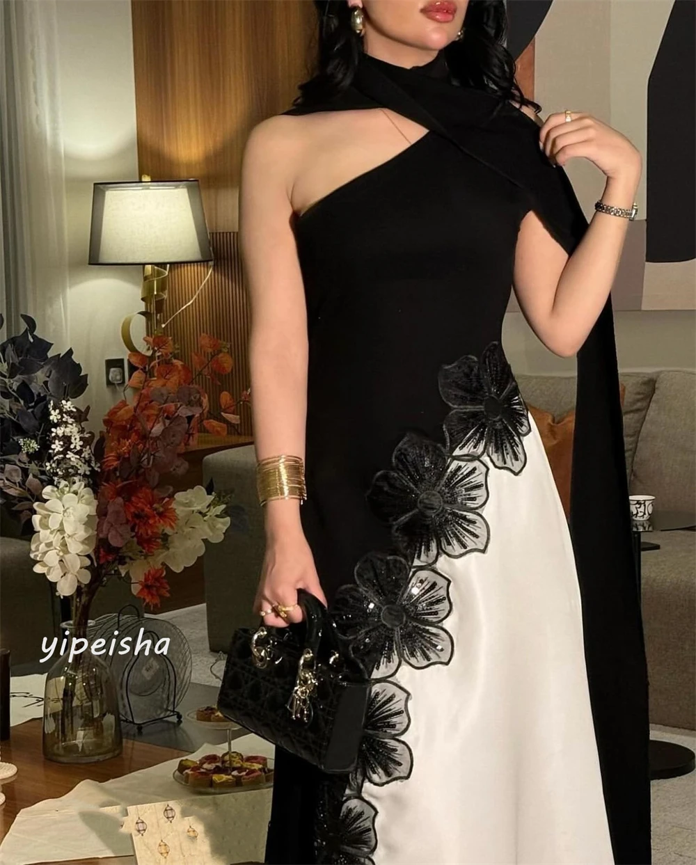 Jersey Flower Beading Ruched Formal Evening A-line One-shoulder Bespoke Occasion Gown Midi Dresses