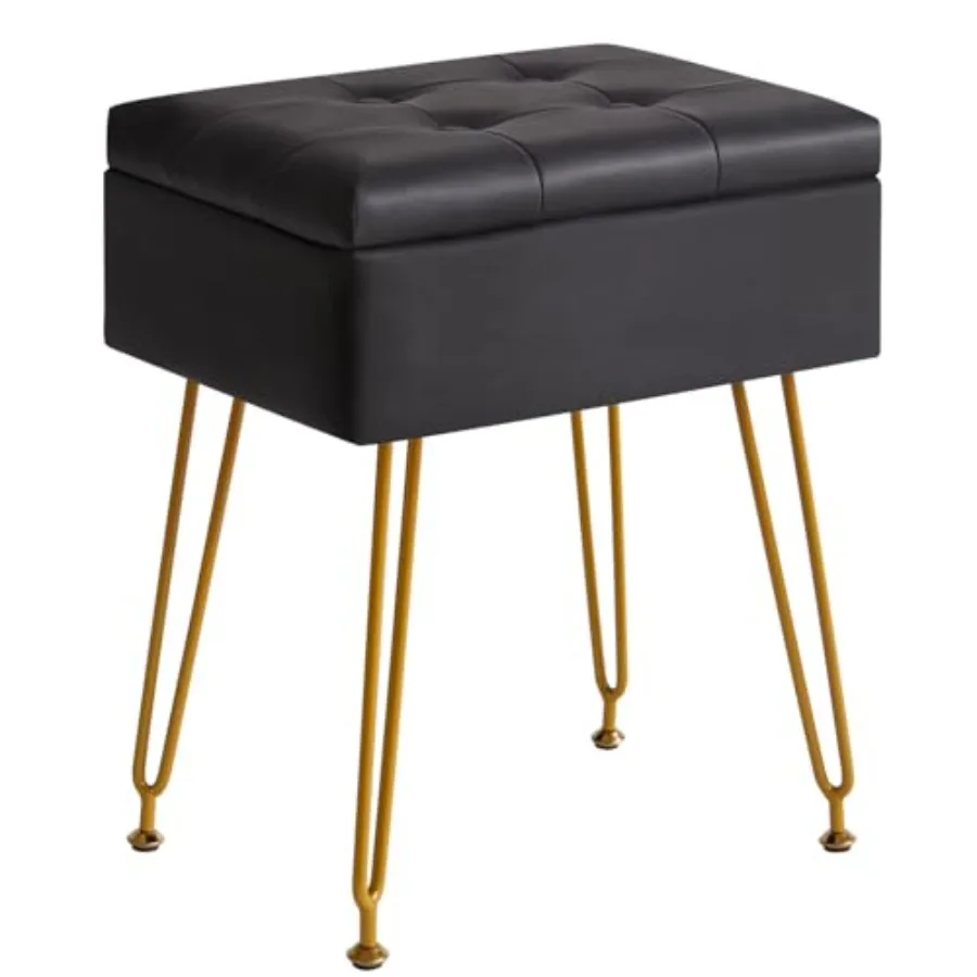 

Многофункциональный пуфик-табурет для хранения вещей с откидной столешницей, регулируемыми металлическими ножками и обивкой из искусственной кожи - 40x30x48 см, подставка для ног