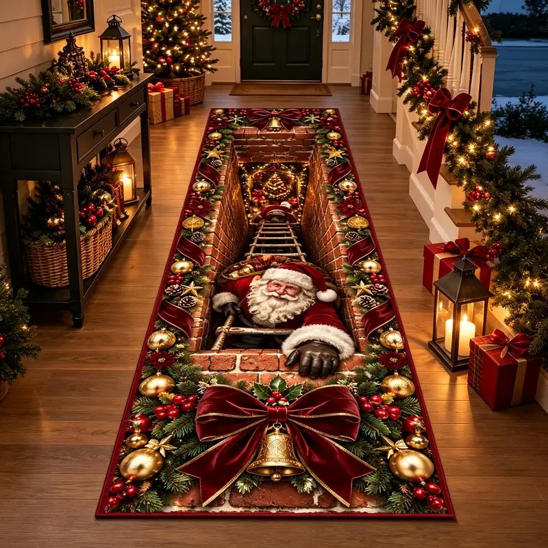 VIKAMA Holiday Runner Rug Red Bow Bell Holly Hallway Long Carpet Non Slip Washable Soft Entryway 2027 Christmas Home Decor