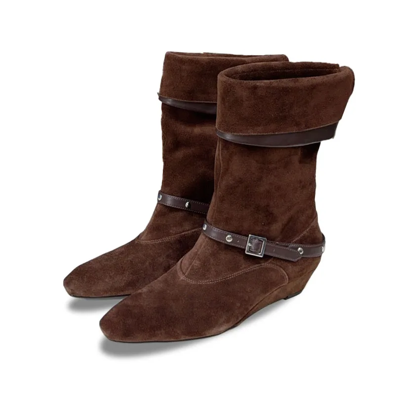 High Quality Genuine Leather Wedges Ankle Boots Woman Slouch Boots Chelsea Boots Belt-buckle Decora Fashion Shoes