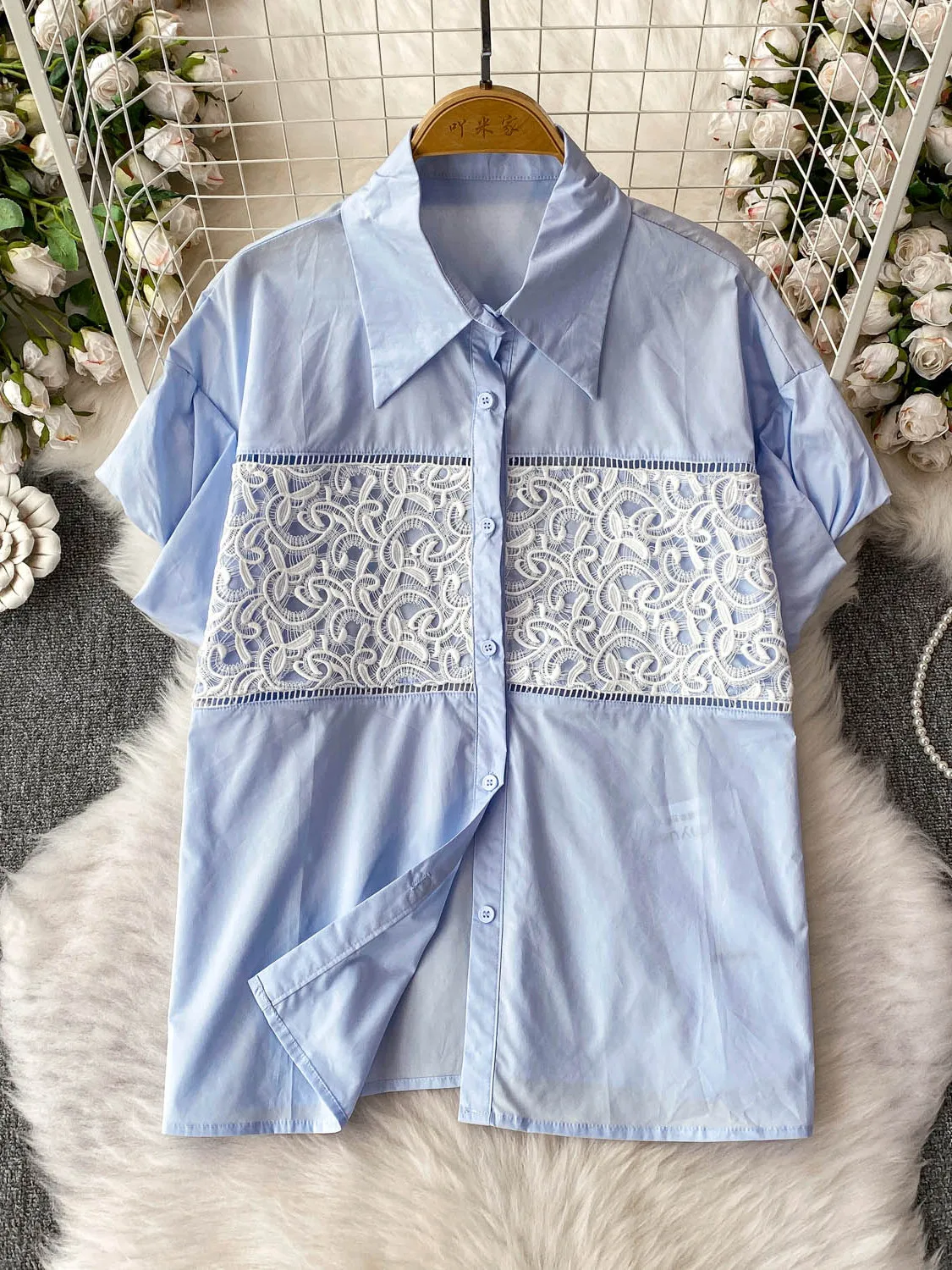 

Summer Design Loose Fit Blue Lace Patchwork Lantern Sve irt Women's Gentle Wind Sle Casual Comfortable Slimming Top