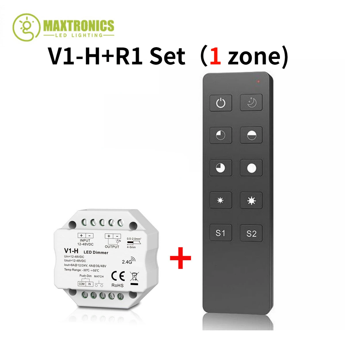 

12V 24V Skydance V1-H Step-less Dimming/Push Dim Monochrome Tape Controller R1 Wireless Remote Single Color LED Strip Dimmer