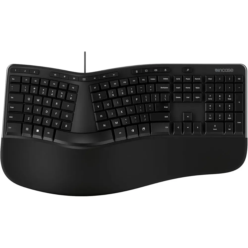 Ergonomic Keyboard with Integrated Number Pad, Shortcut Keys, and Layered Wrist Support  Black