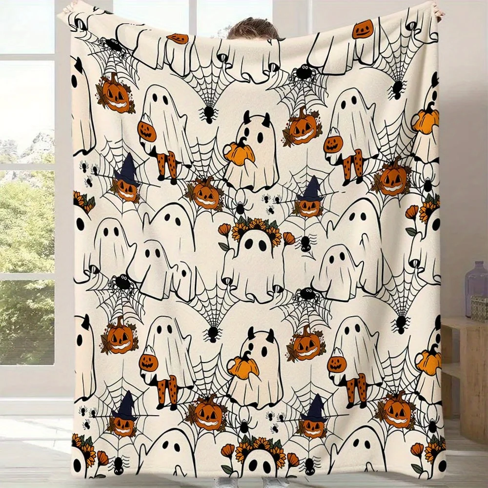 

1pc Halloween Flannel Blanket - Spooky Ghosts, Jack-O'-Lanterns Bats Cobwebs Design Soft All-Season Cozy Throw for Couch Bed