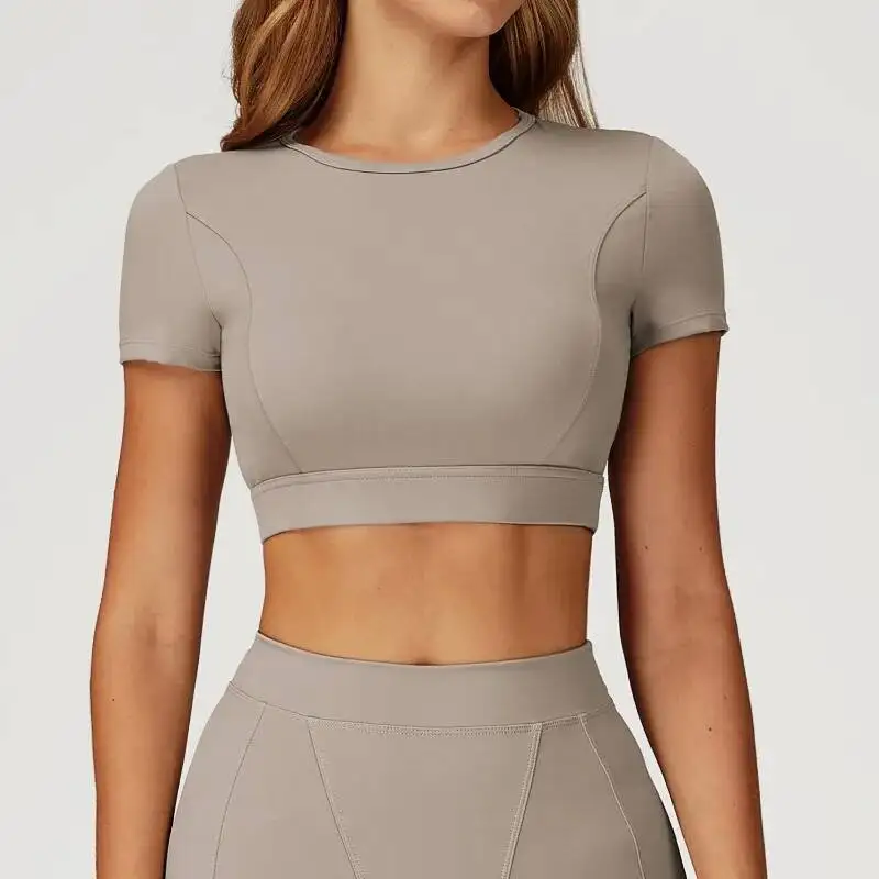 

Women S Slim Fit Yoga Top With Round Neck Tight Fitting Shock Absorbing Short Sleeves Outdoor Sports Running Fiess Clothing