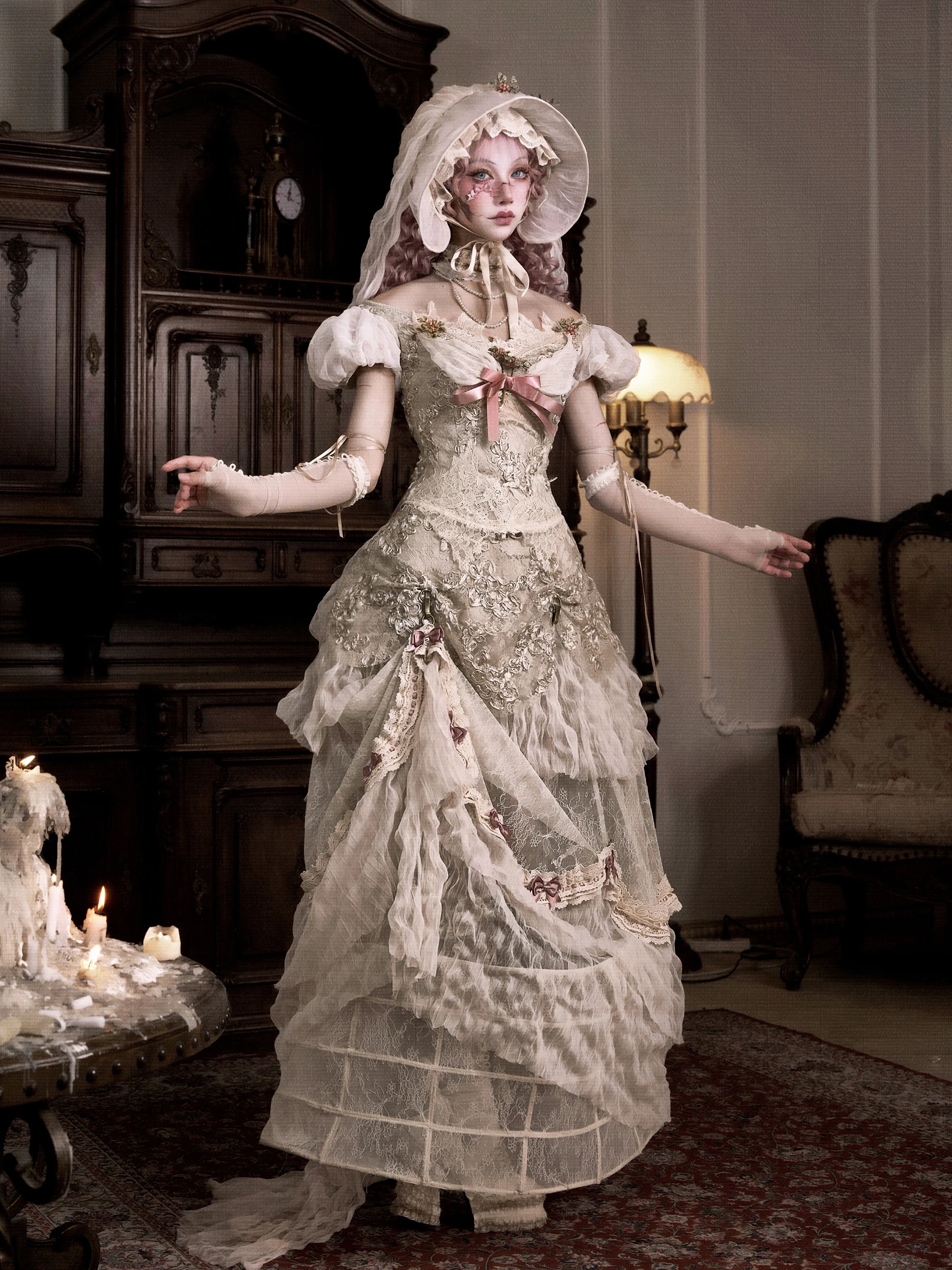 Original Retro Elegant Bubble Sleeve Off-the-shoulder Top Summer New 2025 Subculture Halloween Party Cos T-shirt Long Skirt Set