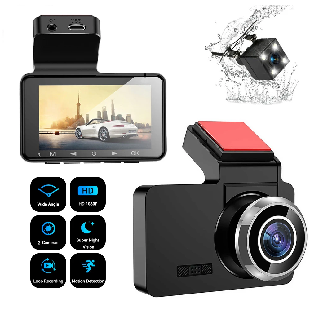 Câmera de painel de carro 1080P, gravador de vídeo de painel de carro de 3,0 polegadas, lente grande angular, visão noturna HD, gravação em loop