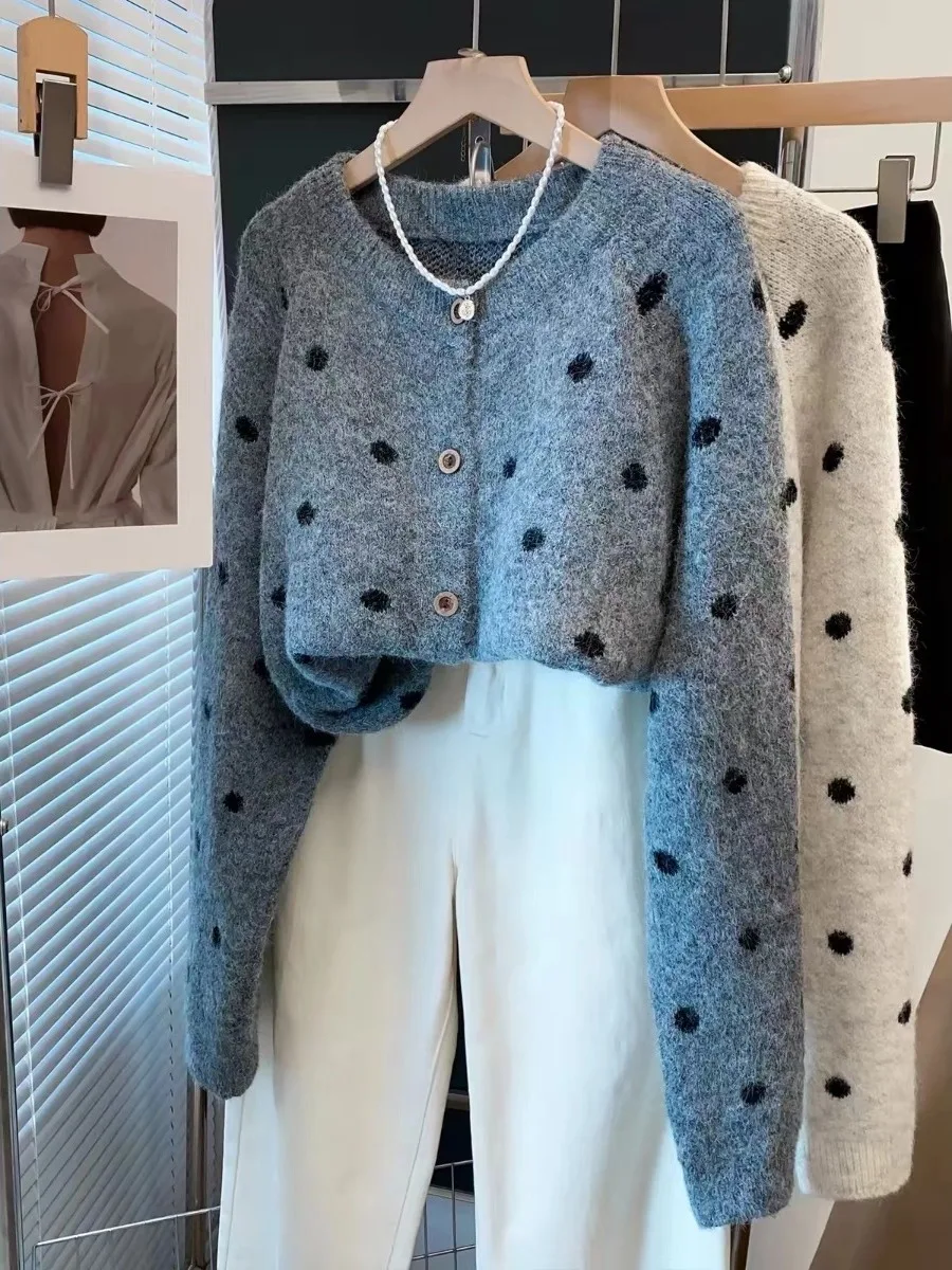 Loose Long Sleeve Knitted Cardigan Women's round Neck Open Front Sweater Autumn Winter Comfortable Soft Polka Dot Print Top