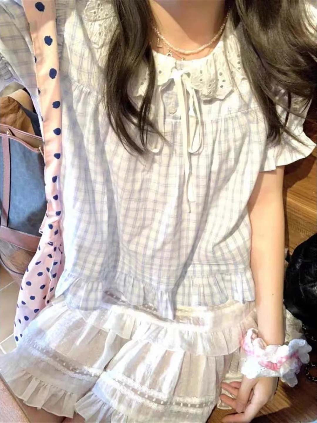 

Loose Bubble Sve irt Girl's Sweet Sle Japanese Loose Fit ort Sve Plaid Doll Collar Top Women Summer Anti-Aging