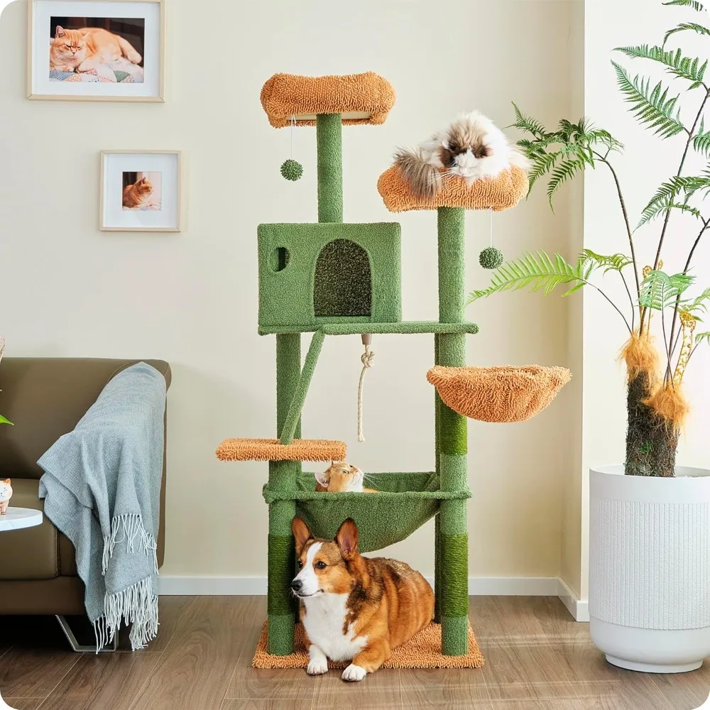 

Ouritsu Cat Tree, 56 inch Tall Cat Tower for Large Cat Indoor, Large Condo, 2 Padded Perches, Steel-Framed Hammock, Scratching P