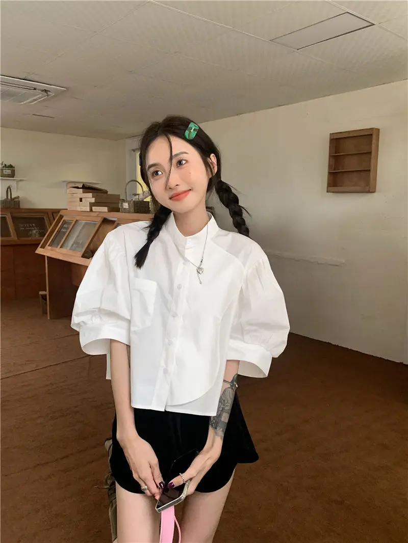 Bubble Sleeve Short Sleeved White Shirt For Women\'s Summer Fashion, Mid Sleeved Short Top, Loose Casual Blue Shirt