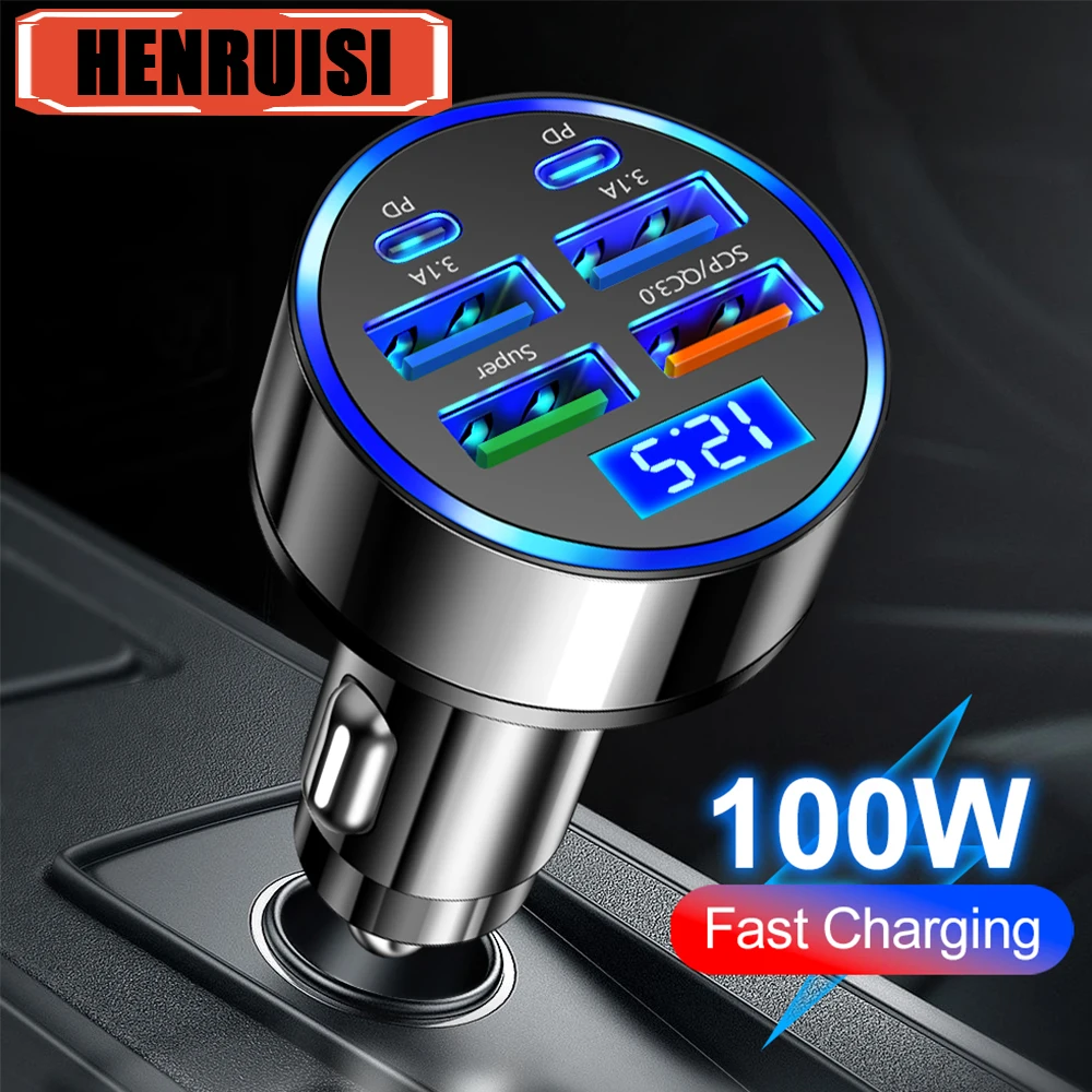 100W 6 Ports USB Car Charger Fast Charging Quick Charge 3.0 For iPhone 15 14 Pro Max Samsung Xiaomi Type-C Car Charger Adapter