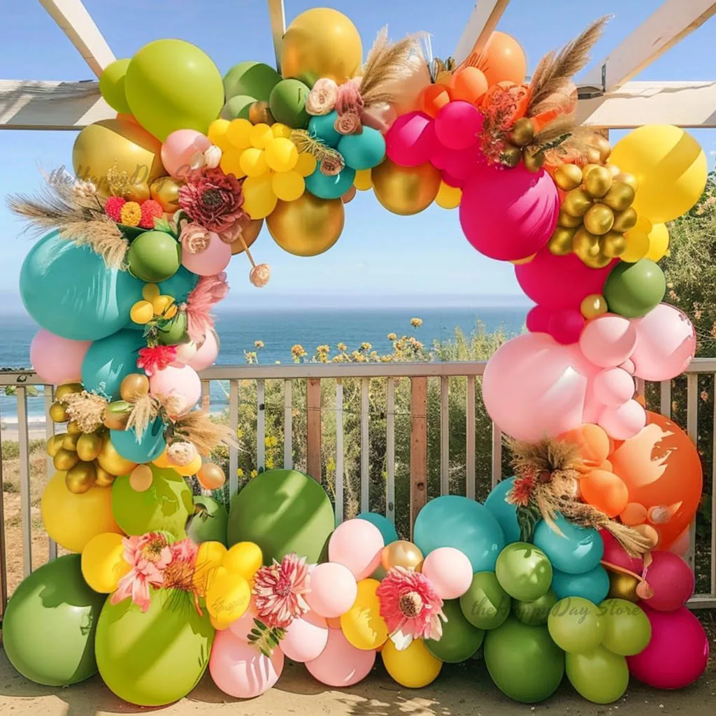 Tropical Balloons Arch Garland Kit Hot Pink Green Orange Yellow Teal Balloons for Flamingo Hawaiian Luau Aloha Summer Birthday view 4