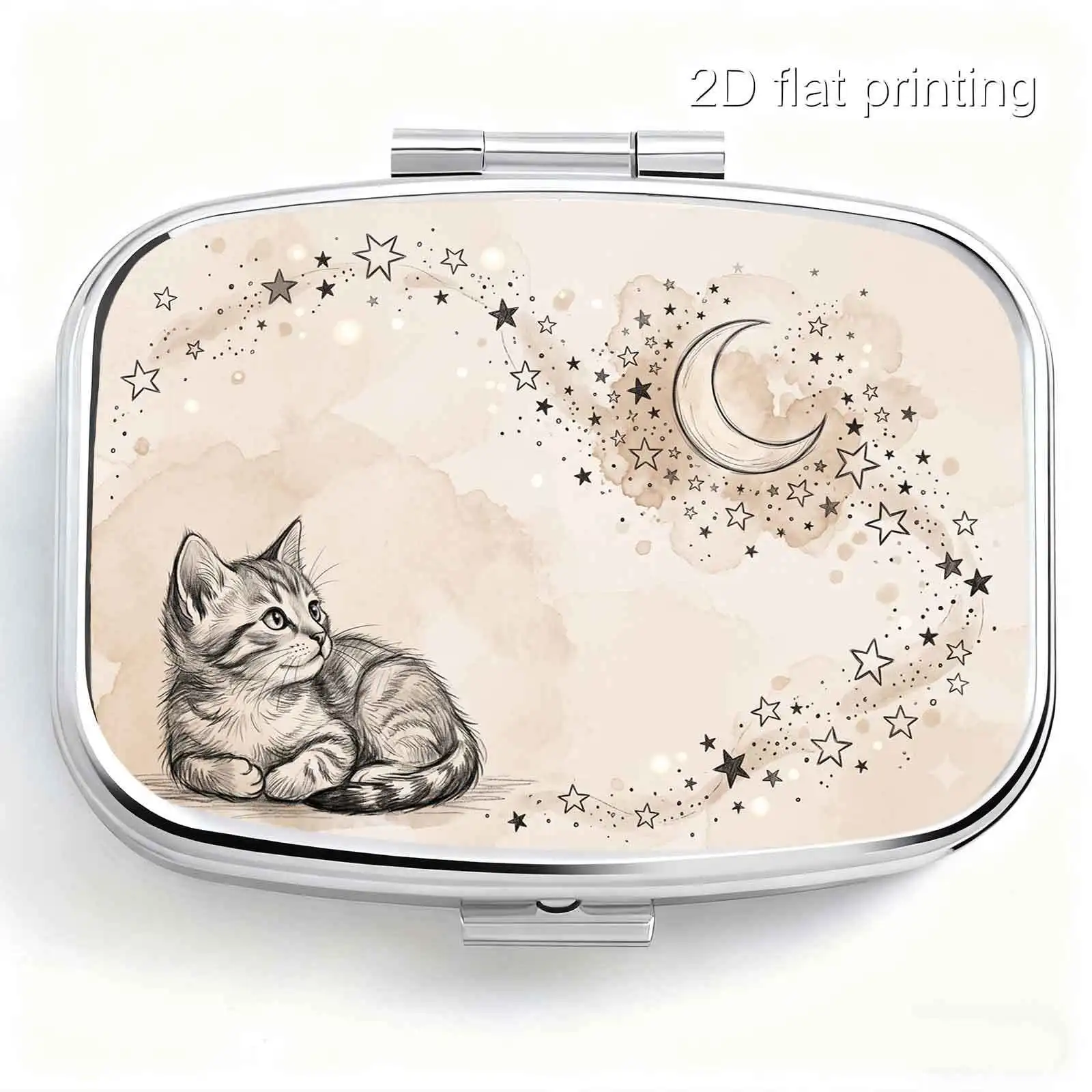 Single-Pack, Flat-Printed, Portable Mini Double-Compartment Pill Box, with Cute Sketch Prints of Crescents, Stars, and Tabby Kittens, Travel Medicine Organizer, Sealed and Moisture-Proof, Capsule Vitamin Storage Box, Portable Small Pill Case