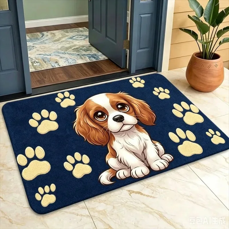 Cute Puppy Welcome Mat Funny Cavalier King Charles Spaniel Floor Rug Lovely Dog Paw Print Entryway Doormat