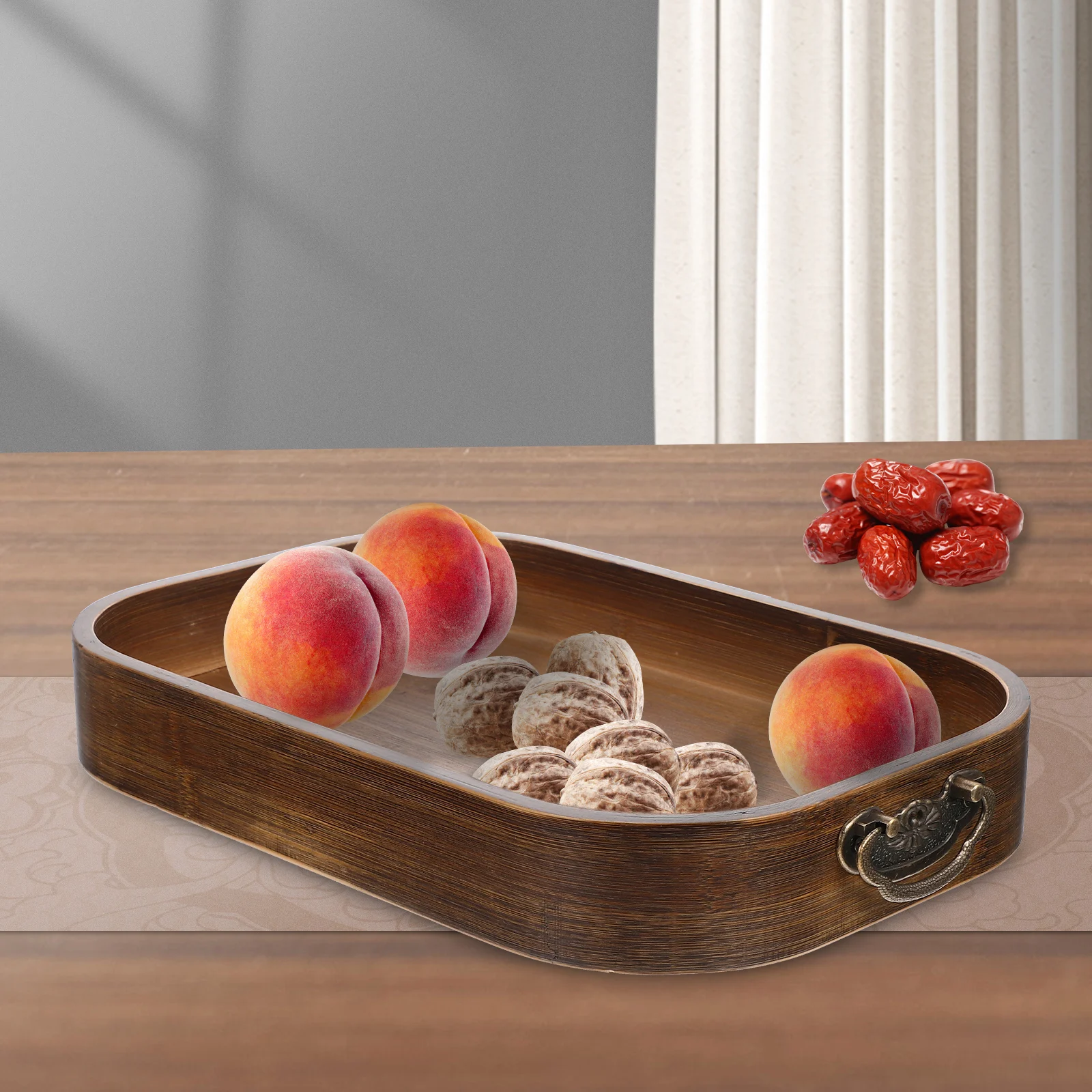 

Retro Bamboo Tray 30cm Round Metal H Storage Serving Snack Fruit Home Accessory Kitchen Barware Vintage Decor High Cost