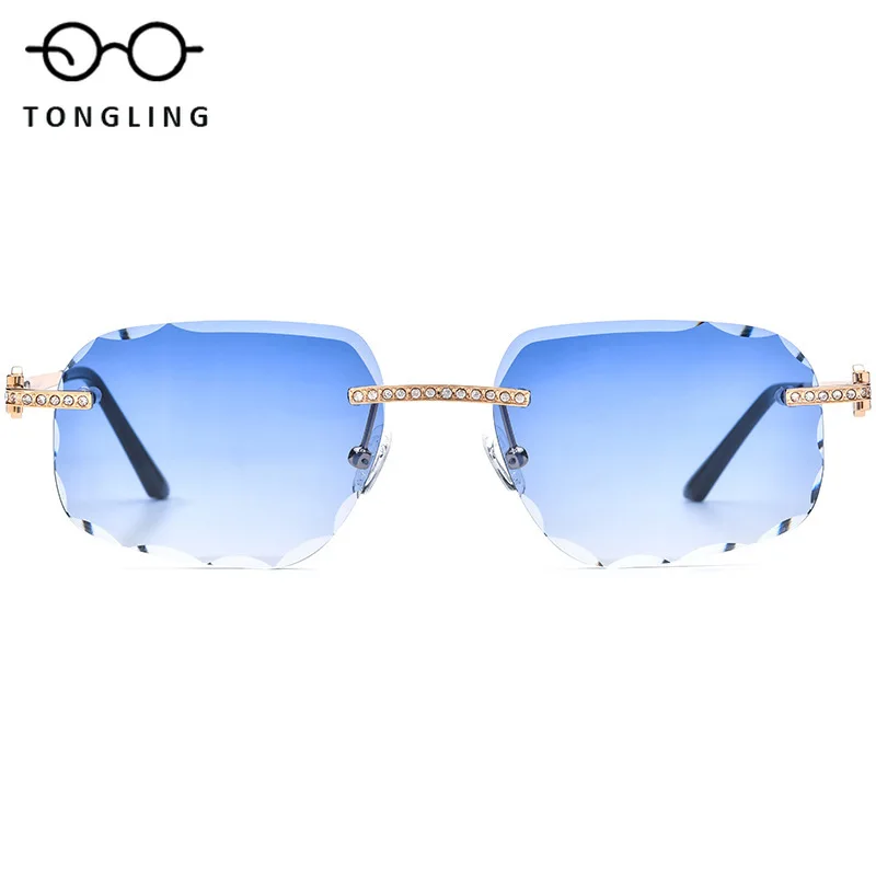 Top-Quality Handcrafted New Fashionable Alloy Men Diamond-Cut Square Women Large Faces Look Smaller Diamond Frameless Sunglasses