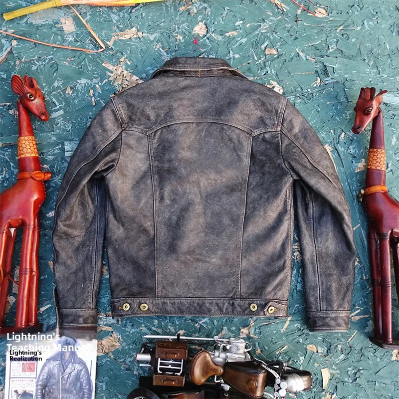 

Authentic Bangladei Genuine Leather Jaet Vintage Waed Tea Core Cowhide Light Weight American Sle keted Denim Jaet