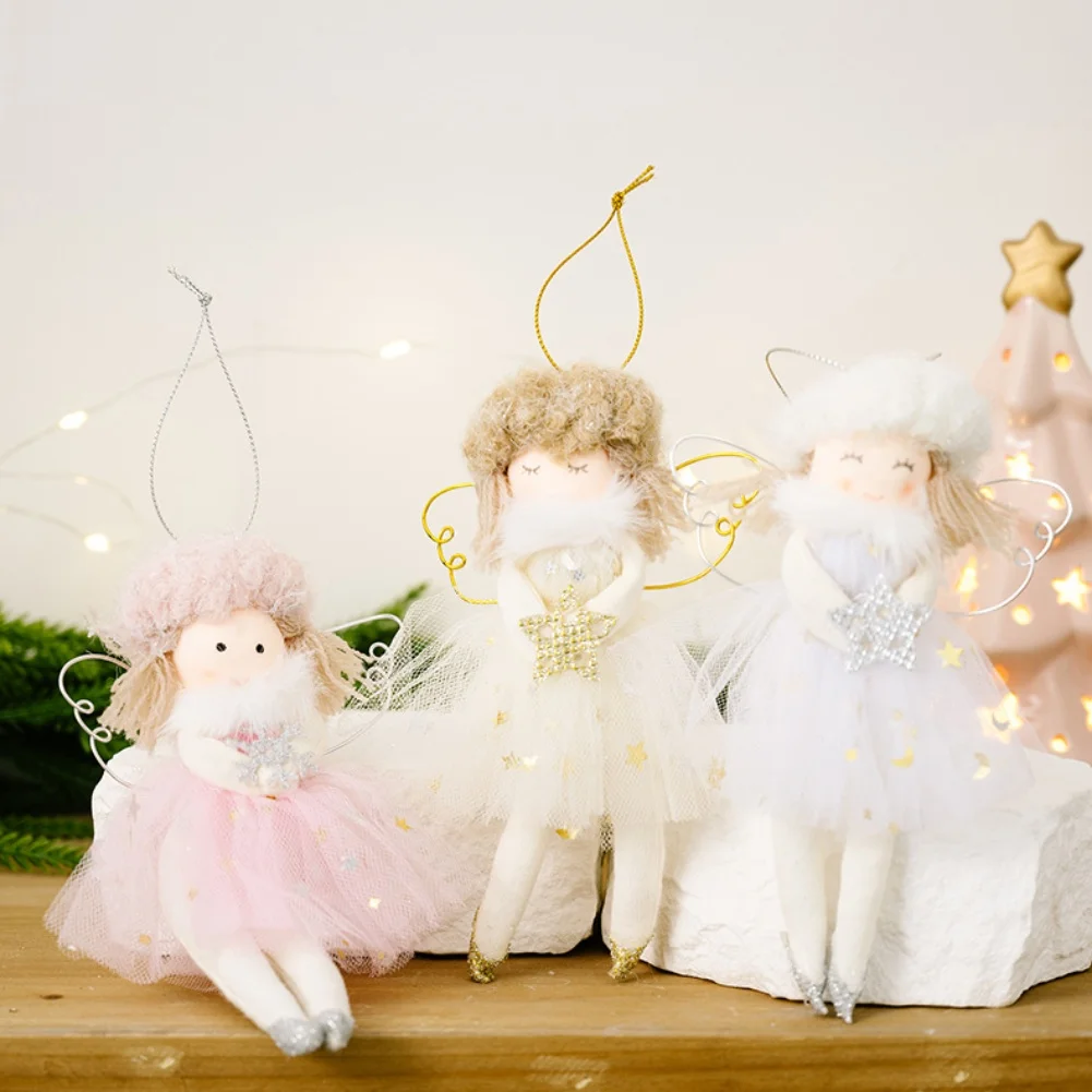 

Set of 3 Fabric Christmas Angel Ornaments with Tulle Skirts and Star Accents Designed for Christmas Tree and Home Decoration