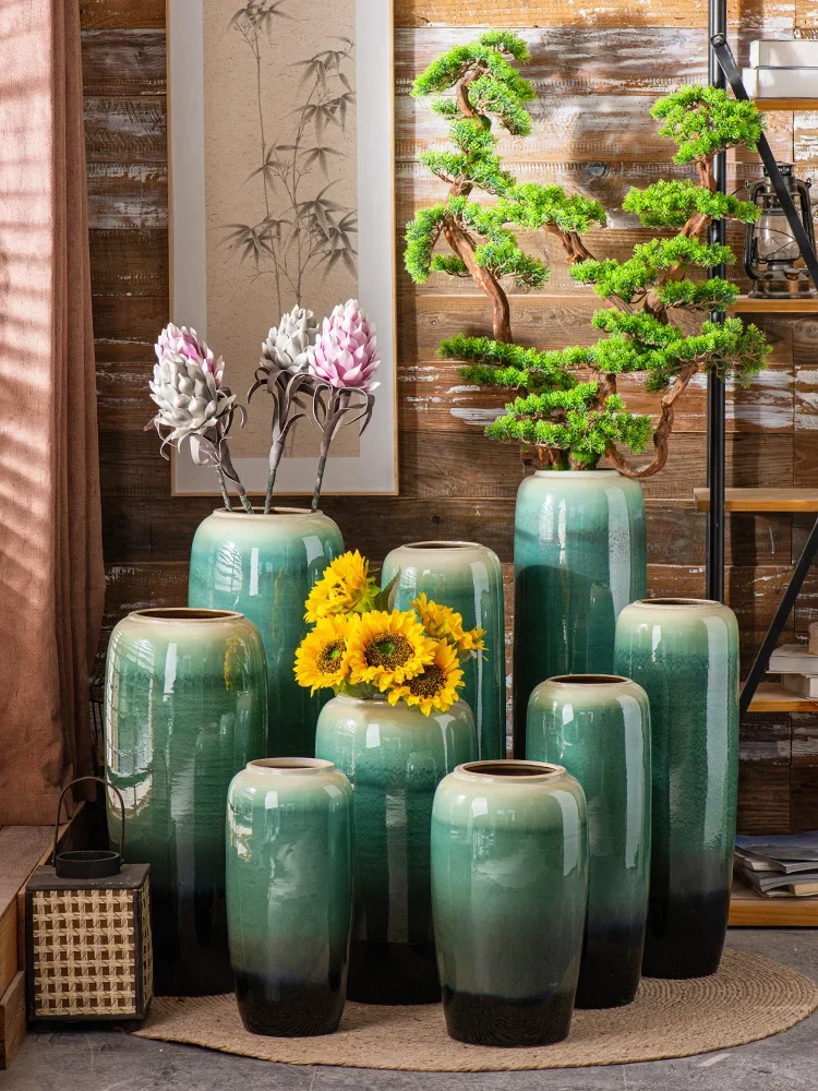 

Green handmade floor to ceiling large vase, new Chinese style living room, hotel, villa decoration, light luxury decoration