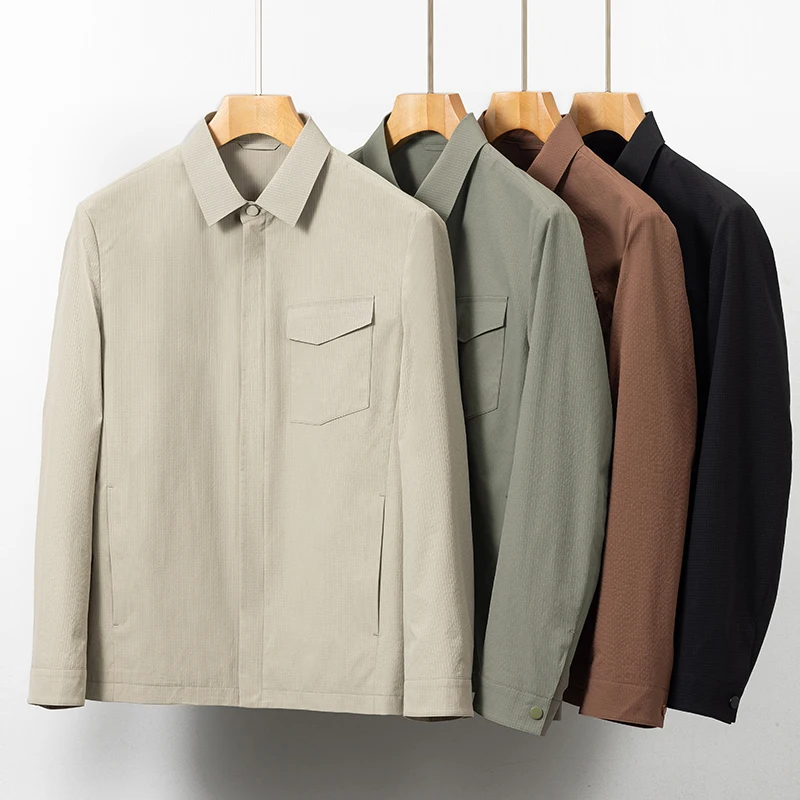 Summer Men's Wrinkle Resistant Plaid Business Jacket Lightweight Breathable Casual Coat with Multiple Pockets for Daily Wear