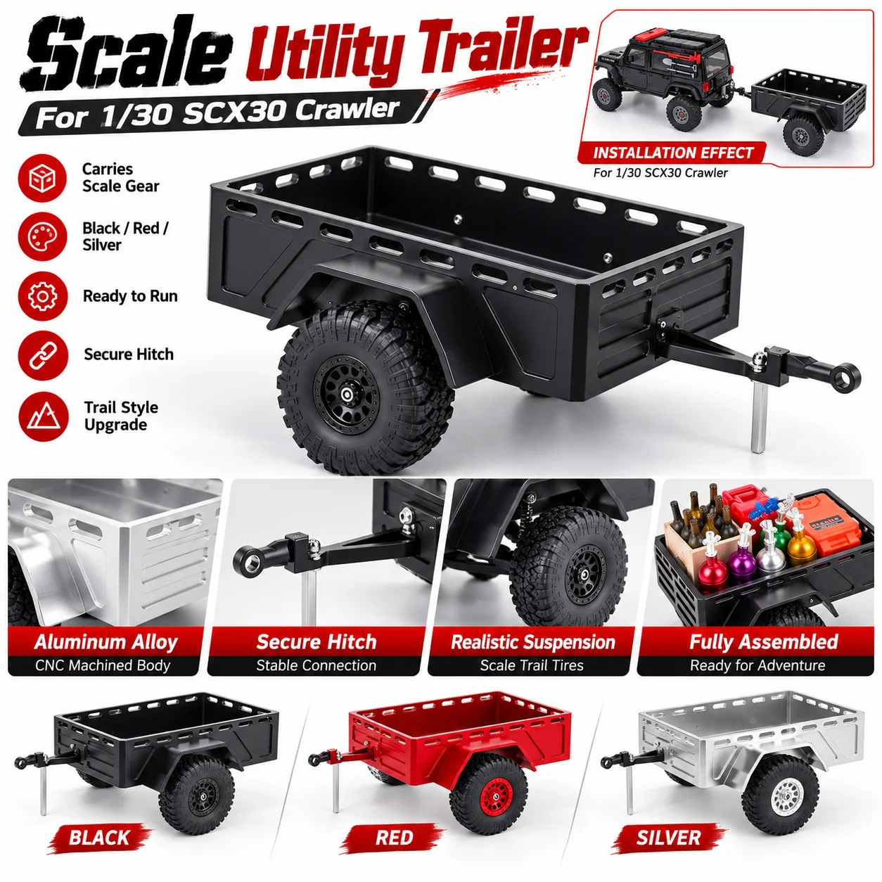 1:30 RC Car Aluminum Utility Trailer Rear-loading Trailer with Hitch Mount for 1/30 RC Crawler Car Scx30 Defender Bronco K10