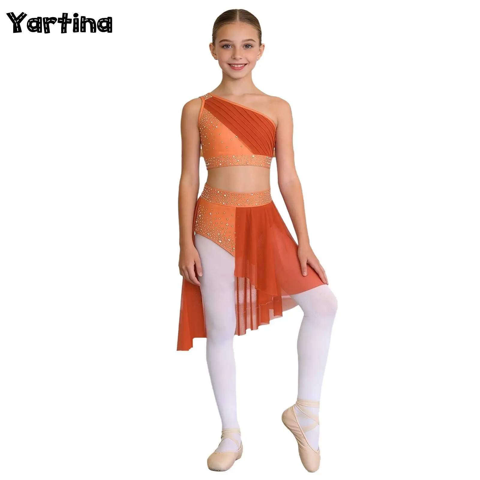 

Kids Girls Jazz Figure Skating Ballet Lyrical Dress Gymnastics Leotard Ruched Sheer Mesh Overlay Crop Top with Skirted Briefs