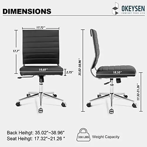 Armless Office Desk Chair, Mid Back Leather Conference Room Chairs Without Armrests, Modern Office Chair Ribbed.