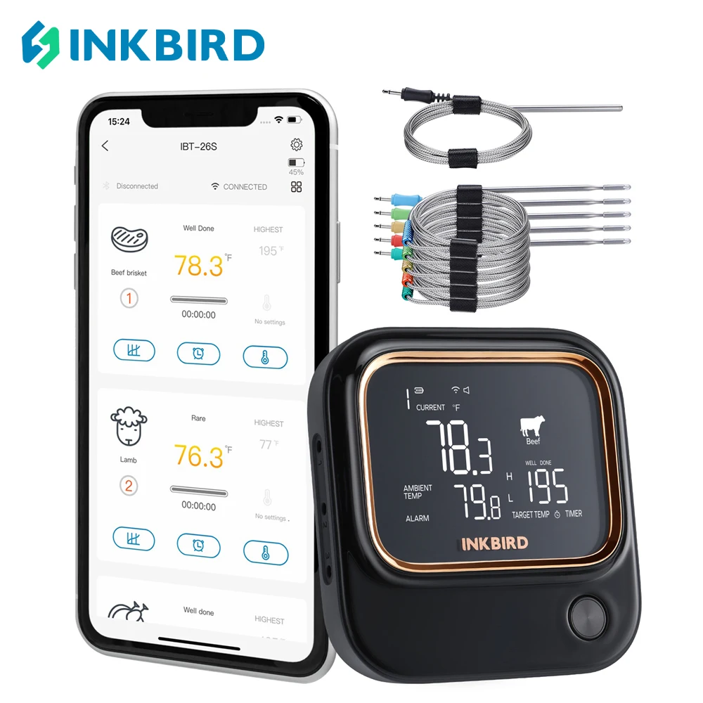 INKBIRD BBQ Thermometer IBT-26S Bluetooth Wi-Fi with 4/6 Food-grade Probes APP Control USDA Meat Presets Alarm Timer Backlit LCD