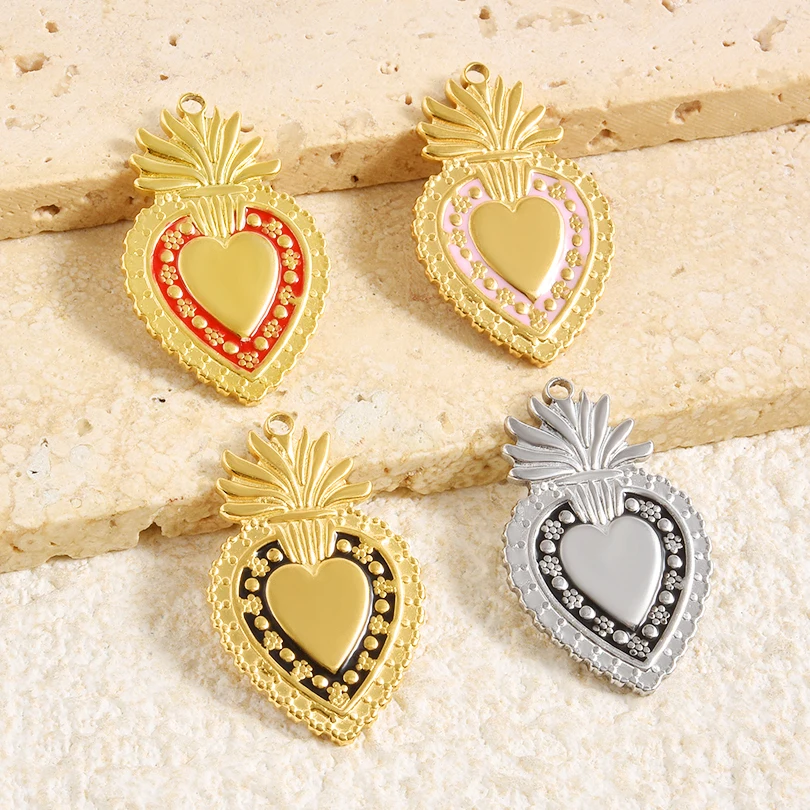 5Pcs Enamel Gothic Catholic Flaming Sacred Heart Pendant For Bracelet Jewelry Making Vintage Moth Sun Sweet Love Pendentif Bulk